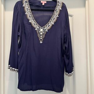 Lilly Pulitzer Navy Embellished Blouse